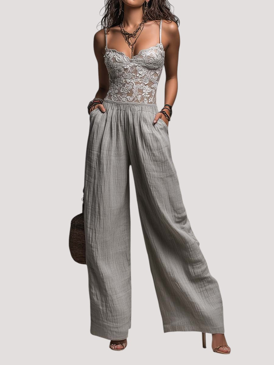 Bohemian Grey Lace-Trimmed Pleated Wide-Leg Jumpsuit