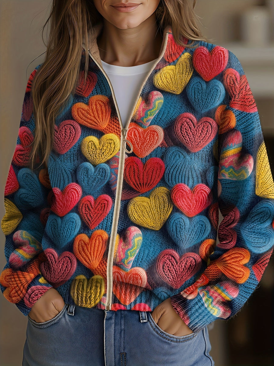Valentine | Multicolor Hearts Textured Knit Cardigan