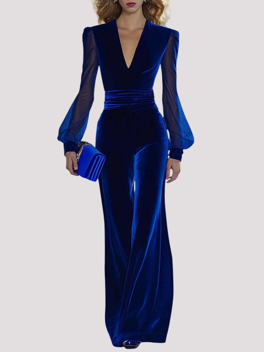 Retro elegant V-neck mesh long-sleeved royal velvet jumpsuit