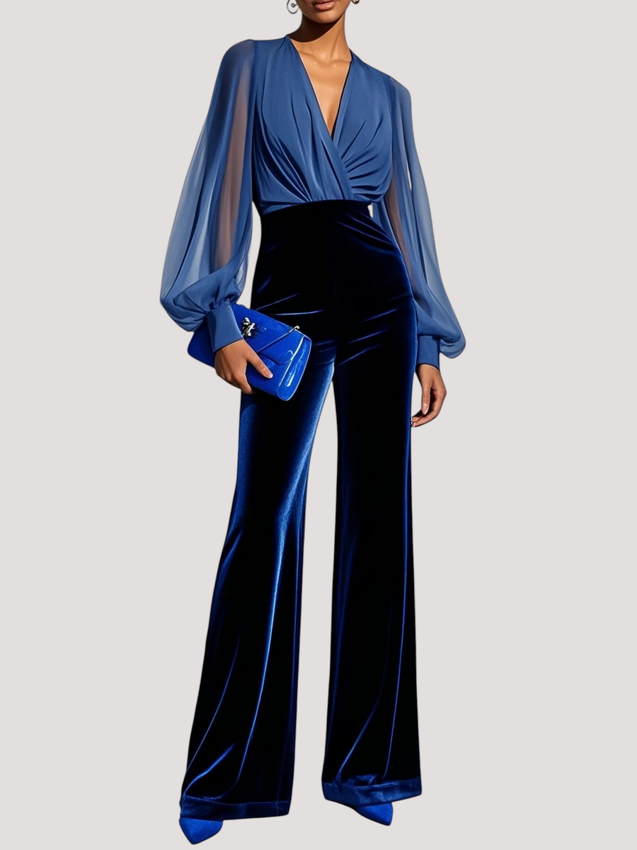 Blue mesh V-neck long-sleeved velvet jumpsuit