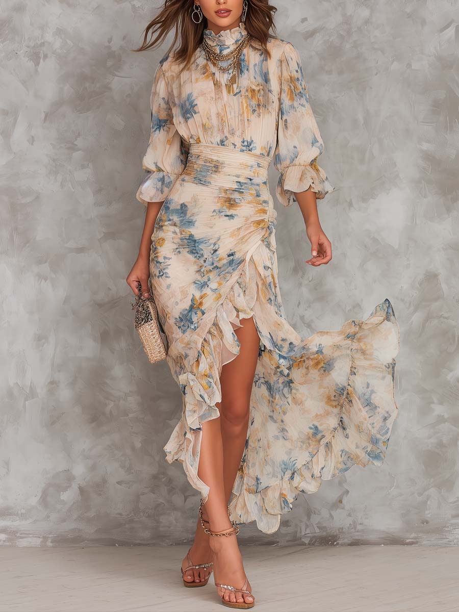 Turtleneck Floral Print Irregular Chiffon Maxi Dress for Women