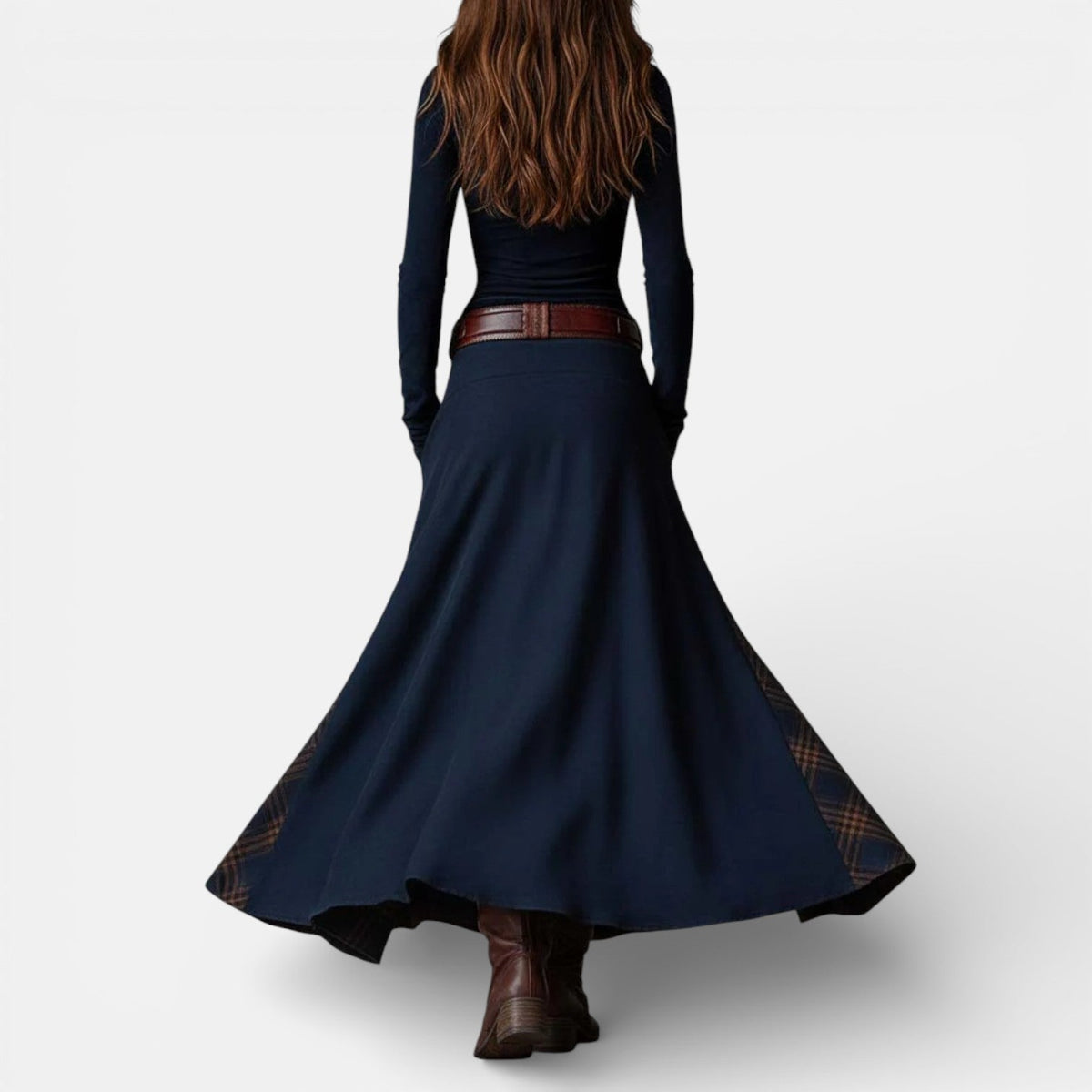 Leonora | Vintage Long Dress in Navy Blue Suede Check (Includes Belt)