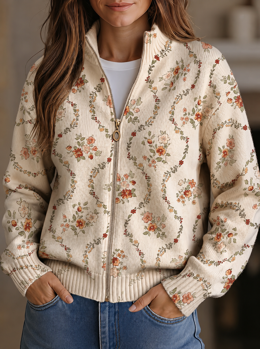 Persephone | Delicate Floral Vine Cream Print Zip Cardigan